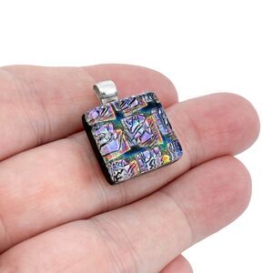 Vintage Satori Sterling Silver 925 Colorful Dichroic Glass Square Pendant